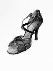 Load image into Gallery viewer, Scarpa da donna Rosa QC (1535H) di Wish Dance Shop, raso nero con rete e dettagli in strass nero, elegante e raffinata.