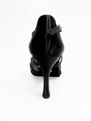 Load image into Gallery viewer, Scarpa da donna Rosa QC 1535H di Wish Dance Shop in raso nero con rete e dettagli di strass nero, elegante e sofisticata.