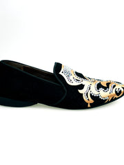 Load image into Gallery viewer, Daniel SW (MS20) - Black Suede Loafer with Gold Silk Satin Design + Long Shape Boreal Swarovski