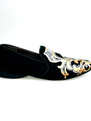 Carica immagine nella Galleria, Daniel SW (MS20) - Mocassino in Camoscio Nero con Disegno in Raso Seta Oro + Swarovski Boreali Forma Lunga Wish Dance Shop