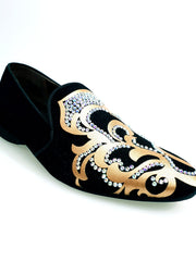 Carica immagine nella Galleria, Daniel SW (MS20) - Mocassino in Camoscio Nero con Disegno in Raso Seta Oro + Swarovski Boreali Forma Lunga Wish Dance Shop