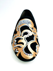 Load image into Gallery viewer, Daniel SW (MS20) - Black Suede Loafer with Gold Silk Satin Design + Long Shape Boreal Swarovski