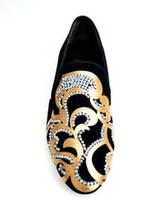 Carica immagine nella Galleria, Daniel SW (MS20) - Mocassino in Camoscio Nero con Disegno in Raso Seta Oro + Swarovski Boreali Forma Lunga Wish Dance Shop