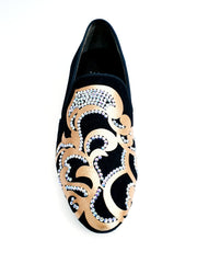 Carica immagine nella Galleria, Daniel SW (MS20) - Mocassino in Camoscio Nero con Disegno in Raso Seta Oro + Swarovski Boreali Forma Lunga Wish Dance Shop
