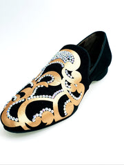 Carica immagine nella Galleria, Daniel SW (MS20) - Mocassino in Camoscio Nero con Disegno in Raso Seta Oro + Swarovski Boreali Forma Lunga Wish Dance Shop