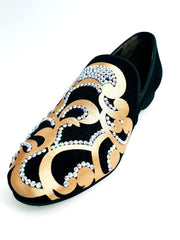 Carica immagine nella Galleria, Daniel SW (MS20) - Mocassino in Camoscio Nero con Disegno in Raso Seta Oro + Swarovski Boreali Forma Lunga Wish Dance Shop