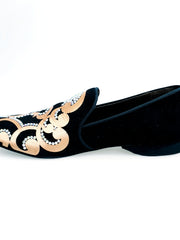 Load image into Gallery viewer, Daniel SW (MS20) - Black Suede Loafer with Gold Silk Satin Design + Long Shape Boreal Swarovski