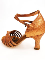 Carica immagine nella Galleria, Pepa (210/6) - Scarpa da ballo Basica da Donna in Glitter Bronzo con 6 Fascette Rivestite in Camoscio Tacco a Rocchetto