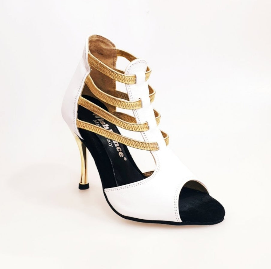 Sandalo da donna MILITE Gold in pelle bianca con elastici oro e tacco a spillo laminato oro, scarpa elegante Wish Dance Shop
