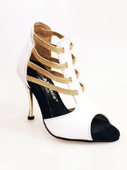 Carica immagine nella Galleria, MILITE Gold (460PW) - Sandalo da Donna in Pelle Bianca con Elastici Oro e Tacco a spillo Laminato Oro Wish Dance Shop