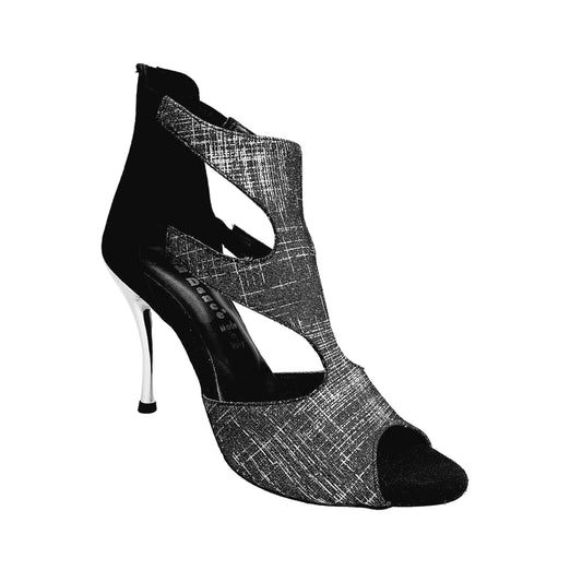 Sandalo donna Nina Fish in Fish Carbon Boreale con tacco in camoscio nero, scarpa elegante e comoda.