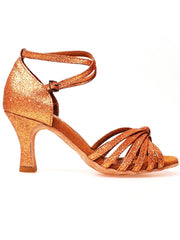 Carica immagine nella Galleria, Pepa (210/6) - Scarpa da ballo Basica da Donna in Glitter Bronzo con 6 Fascette Rivestite in Camoscio Tacco a Rocchetto