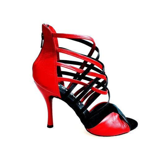 Sandalo donna Natalia (360) Wishdance in pelle rossa e nera, scarpa elegante con cinturino e tacco medio.