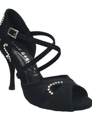Carica immagine nella Galleria, Gravity SW QC (32QC) - Scarpa Da Donna in Raso Seta Nero con Swarovski Disegno Bastone Cinturino incrociato sul collopiede