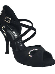 Carica immagine nella Galleria, Gravity SW QC (32QC) - Scarpa Da Donna in Raso Seta Nero con Swarovski Disegno Bastone Cinturino incrociato sul collopiede Wish Dance Shop