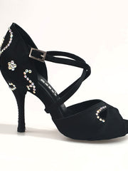 Carica immagine nella Galleria, Gravity SW QC (32QC) - Scarpa Da Donna in Raso Seta Nero con Swarovski Disegno Bastone Cinturino incrociato sul collopiede
