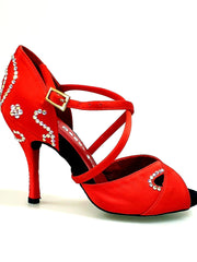 Carica immagine nella Galleria, Gravity SW QC (32QC) - Scarpa Da Donna in Raso Seta Rosso con Swarovski Disegno Bastone Cinturino incrociato sul collopiede Wish Dance Shop