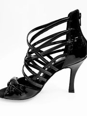 Carica immagine nella Galleria, Natalia (360) - Sandalo alto da Donna in Pelle Nera e Vernice Nera con Strisce in Pelle Nera e Vernice nera Wishdance