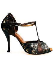 Cargar imagen en la Galería, Sandalo donna Xena (698) Wish Dance Shop in boa bronzo e glitter marrone con tacco slim, dettaglio elegante e alla moda.