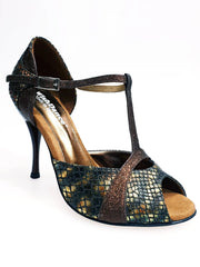 Cargar imagen en la Galería, Sandalo da donna Xena (698) in boa bronzo e glitter marrone con tacco slim, scarpa Wish Dance Shop, dettaglio elegante e femminile.