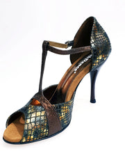 Cargar imagen en la Galería, Scarpa da donna Xena (698) in boa bronzo e glitter marrone con tacco slim, stile elegante e alla moda, di Wish Dance Shop.