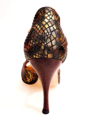 Cargar imagen en la Galería, Sandalo da donna Xena (698) di Wish Dance Shop con tacco slim, in boa bronzo e glitter marrone, dettaglio elegante e alla moda.