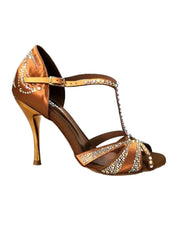 Carica immagine nella Galleria, CAMILA Superb (accollata) L13 - Scarpa da Ballo in Raso Seta Bronzo con Swarovski Boreali e Tacco a Spillo Laminato Oro Ramato Wish Dance Shop