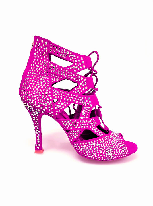 Sandalo a tronchetto Wish Dance Shop Olimpya Extra Plus in camoscio fuxia con Swarovski Boreali e tacco squadrato sottile