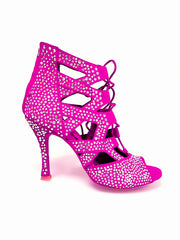 Load image into Gallery viewer, Olimpya Extra Plus - Sandalo a Tronchetto in Camoscio Fuxia e Swarovski Boreali Tacco a Rocchettino Squadrato Sottile