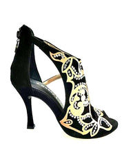 Carica immagine nella Galleria, Desiré SW - Sandalo da Donna in Camoscio Nero Inserto Raso Seta Bronzo con Swarovski Boreali Wishdance