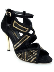 Carica immagine nella Galleria, JULIJA (Glam) - Scarpa da donna in Camoscio Nero e Miniborchie Oro e Swarovski Neri con Tacco a Spillo Laminato Oro Wish Dance Shop
