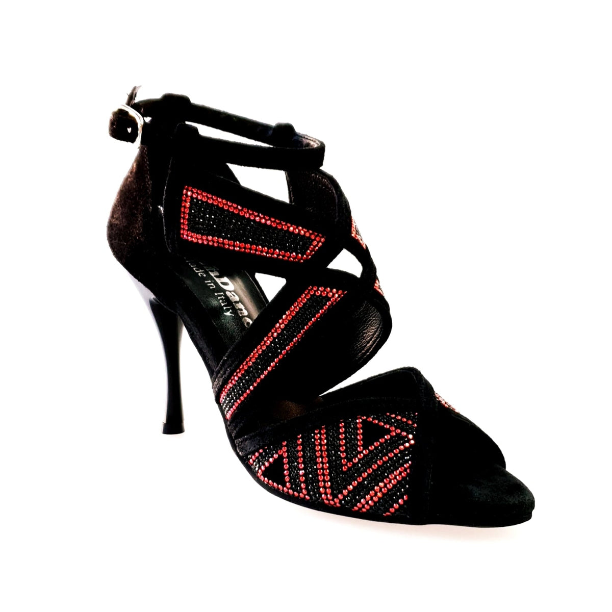 Scarpa da donna in Camoscio Nero e Miniborchie Rosse e Swarovski Neri JULIJA Wish Dance, vista laterale