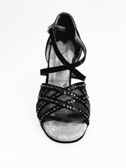 Load image into Gallery viewer, Scarpa da donna Brigitte QC Wish Dance Shop, raso nero con rete e strass nero, elegante e raffinata.