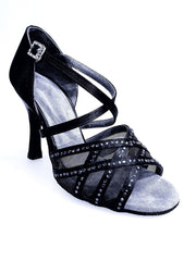 Load image into Gallery viewer, Scarpa da donna Brigitte QC Wish Dance Shop in raso nero con rete e strass nero, elegante e brillante.