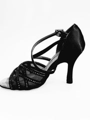 Load image into Gallery viewer, Scarpa da donna Wish Dance Shop Brigitte QC in raso nero con rete e dettagli di strass nero, elegante e raffinata.
