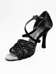 Load image into Gallery viewer, Scarpa da donna Brigitte QC Wish Dance Shop in raso nero con rete e strass nero, elegante e brillante.