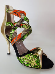 Load image into Gallery viewer, Zoya (359 Semba) - Women's Sandal in Golden Wax Green / Orange Semba Traditional fabric