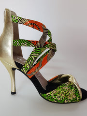 Load image into Gallery viewer, Zoya (359 Semba) - Women's Sandal in Golden Wax Green / Orange Semba Traditional fabric