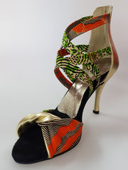 Load image into Gallery viewer, Zoya (359 Semba) - Women's Sandal in Golden Wax Green / Orange Semba Traditional fabric