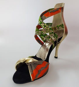 Zoya (359 Semba) - Sandalo da Donna in tessuto Golden Wax Verde/Arancio Semba Traditional