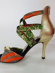 Load image into Gallery viewer, Zoya (359 Semba) - Women's Sandal in Golden Wax Green / Orange Semba Traditional fabric