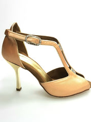 Carica immagine nella Galleria, ELIDE (401) - Scarpa da Donna in Raso Seta Carne con Tacco a Stiletto squadrato sottile laminato Oro