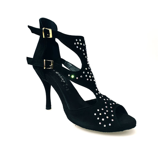 Sandalo donna Anna SW in camoscio nero con dettagli Swarovski, scarpa elegante Wish Dance Shop, vista frontale