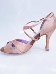 Load image into Gallery viewer, Gravity SW QC (32QC) - Women's Satin Silk Flesh Shoe with Swarovski Stick Design Crossed Instep Strap