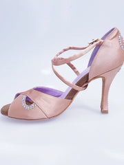 Carica immagine nella Galleria, Gravity SW QC (32QC) - Scarpa Da Donna in Raso Seta Carne con Swarovski Disegno Bastone Cinturino incrociato sul collopiede Wish Dance Shop