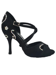 Carica immagine nella Galleria, Gravity SW QC (32QC) - Scarpa Da Donna in Raso Seta Nero con Swarovski Disegno Bastone Cinturino incrociato sul collopiede