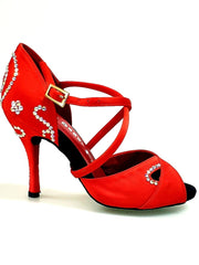 Load image into Gallery viewer, Gravity SW QC (32QC) - Women's Red Silk Satin Shoe with Swarovski Stick Design Crossed Instep Strap