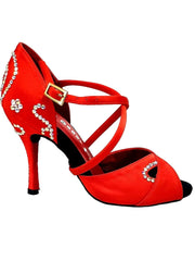 Carica immagine nella Galleria, Gravity SW QC (32QC) - Scarpa Da Donna in Raso Seta Rosso con Swarovski Disegno Bastone Cinturino incrociato sul collopiede Wish Dance Shop