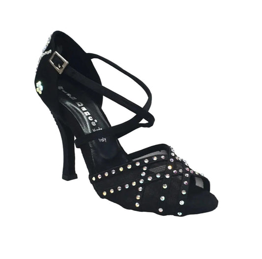 Eveline QC (1538QC) SW - Scarpa Ballo Da Donna Con Retina in Raso Seta Nera Con cinturini incrociati sul, vista frontale