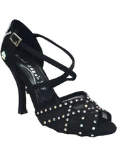 Carica immagine nella Galleria, Eveline QC (1538QC) SW - Scarpa Ballo Da Donna Con Retina in Raso Seta Nera Con cinturini incrociati sul collopiede e Swarovski Boreali Disegno Fantasy